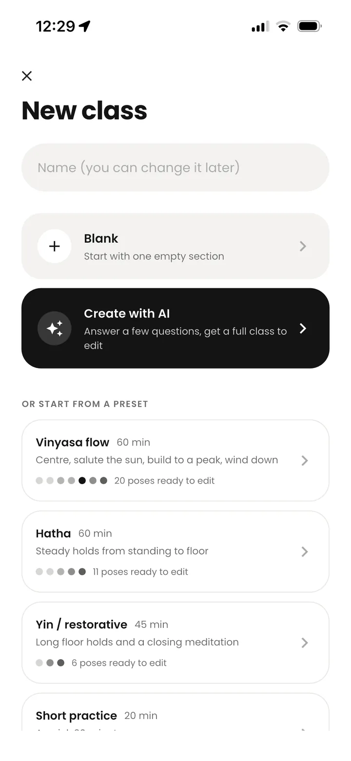 The New class screen with Blank, Create with AI and presets